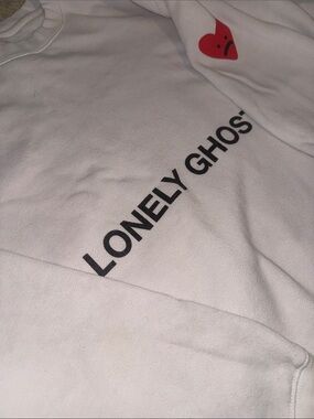 LONELY GHOST White Crewneck with Black Logo and Red Heart